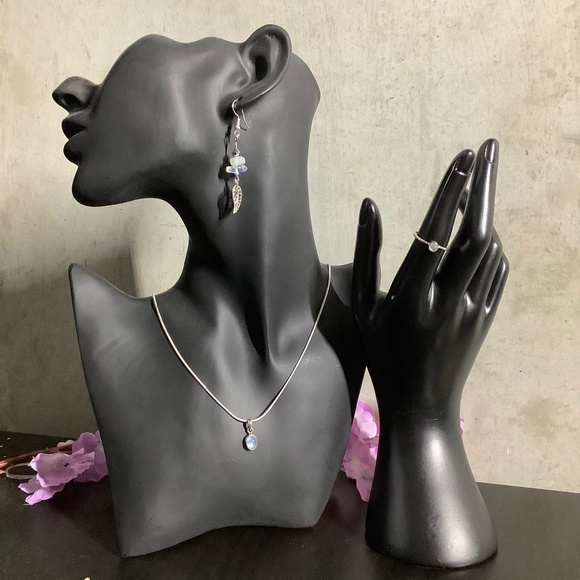 🌸 3PC PENDANT GEMSTONE NECKLACE LEAF EARRINGS RING MOONSTONE BUNDLE SET SILVER - Picture 12 of 12